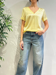 Dixie - Blusa scollo a V in satin paglierino