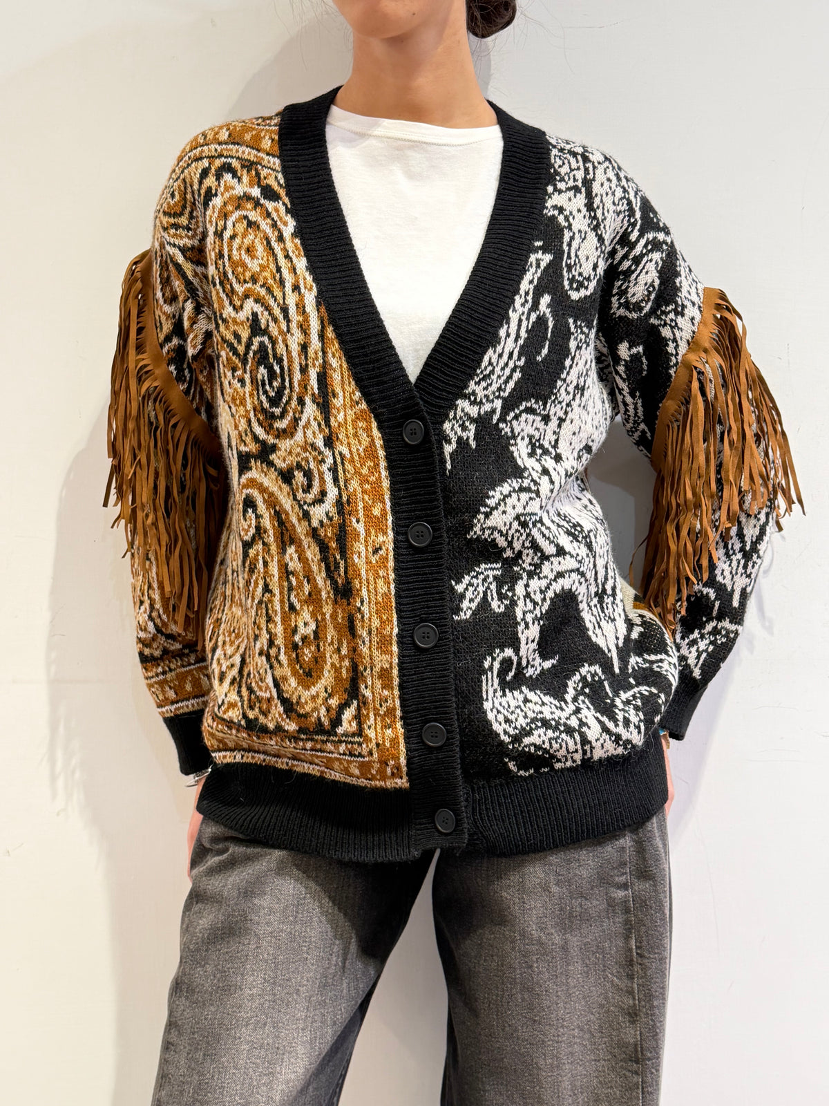 Dixie - Cardigan fantasia con frange nero