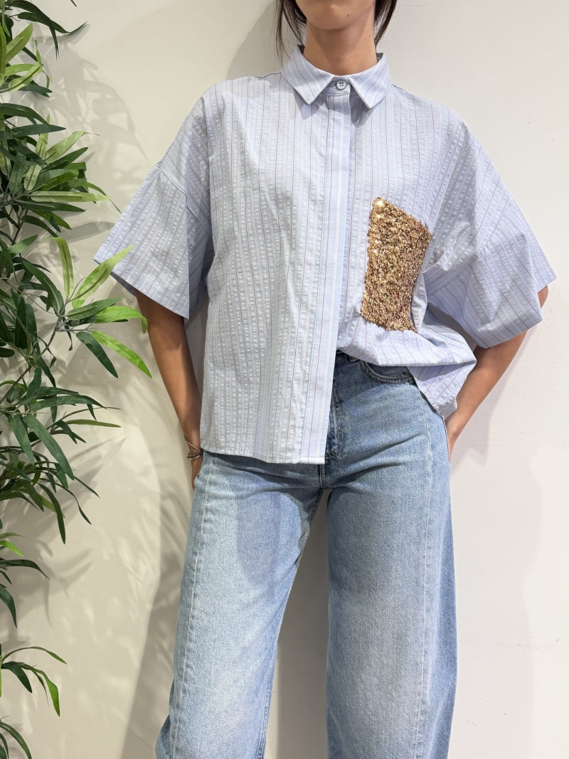 Dixie - Camicia righe con tasca paillettes celeste