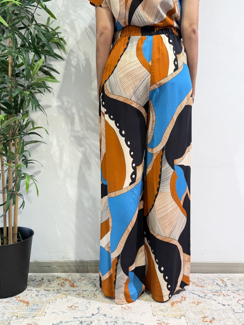 Haveone - Pantalone fantasia turchese nero e arancio