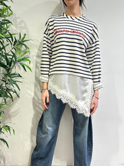 Dixie - Felpa righe con bordo in pizzo bianca e blu