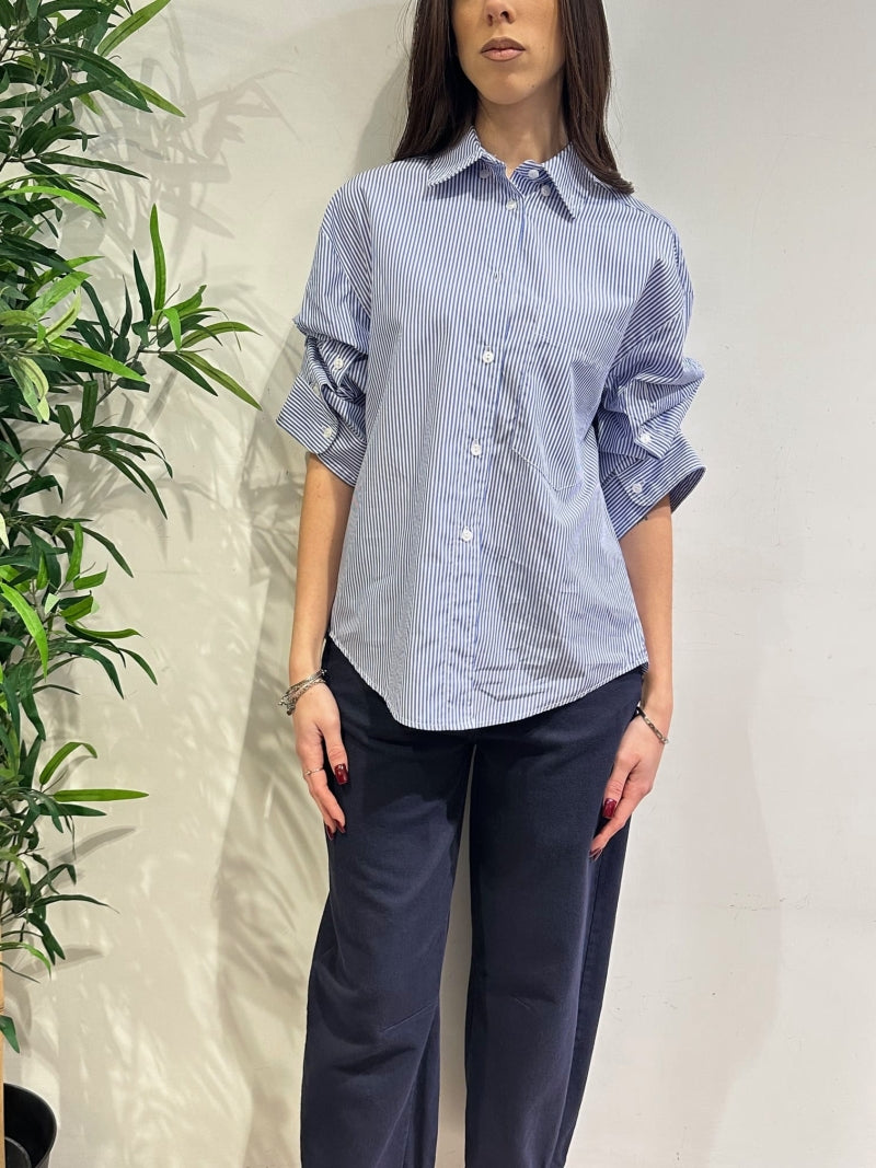 Motel - Camicia righe manica arricciata bianca e blu