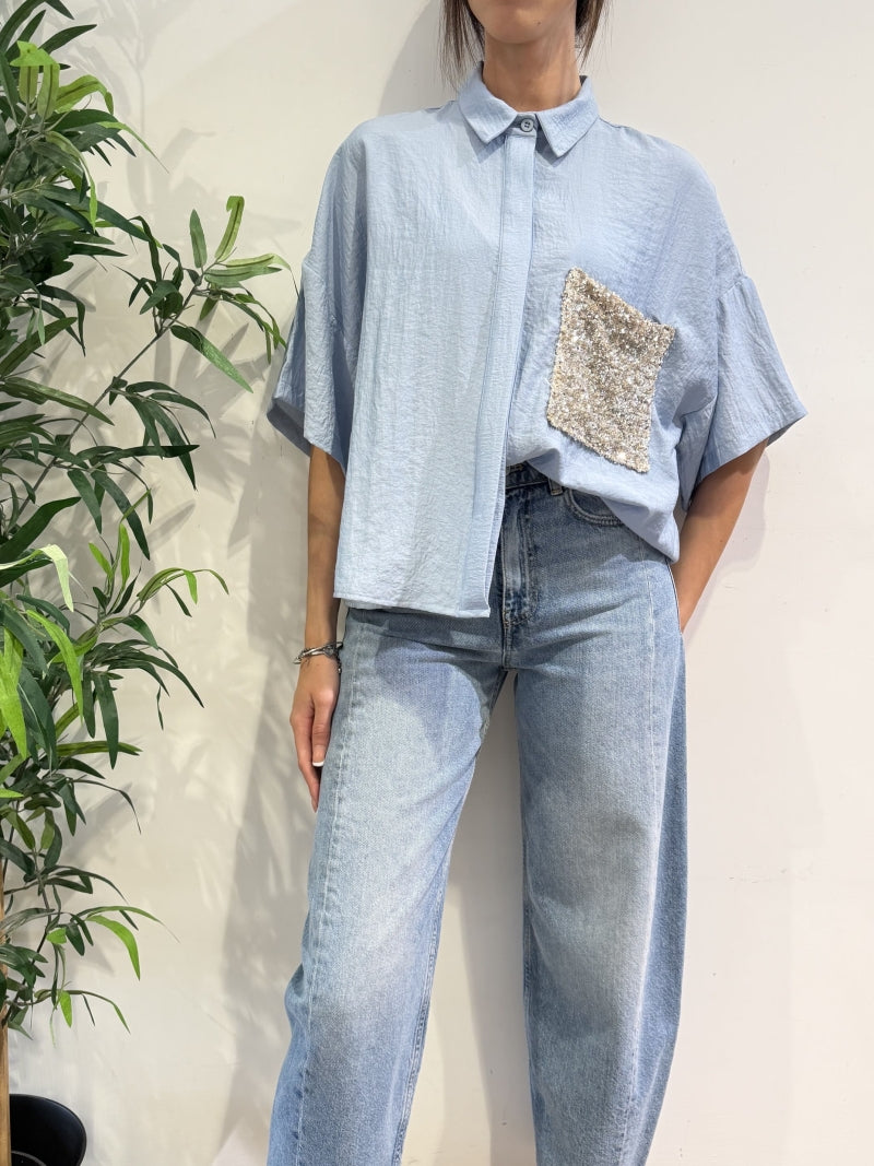 Dixie - Camicia tasca con paillettes celeste