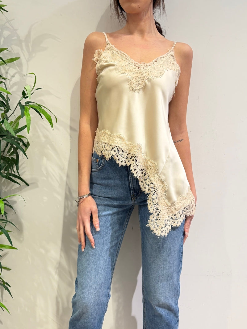 Tensione In - Top satin asimmetrico con pizzo avorio