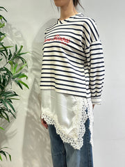Dixie - Felpa righe con bordo in pizzo bianca e blu