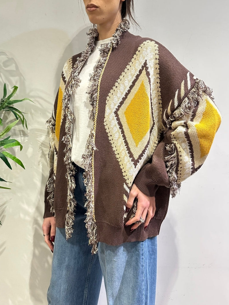 Tensione In - Cardigan rombi con frange moro
