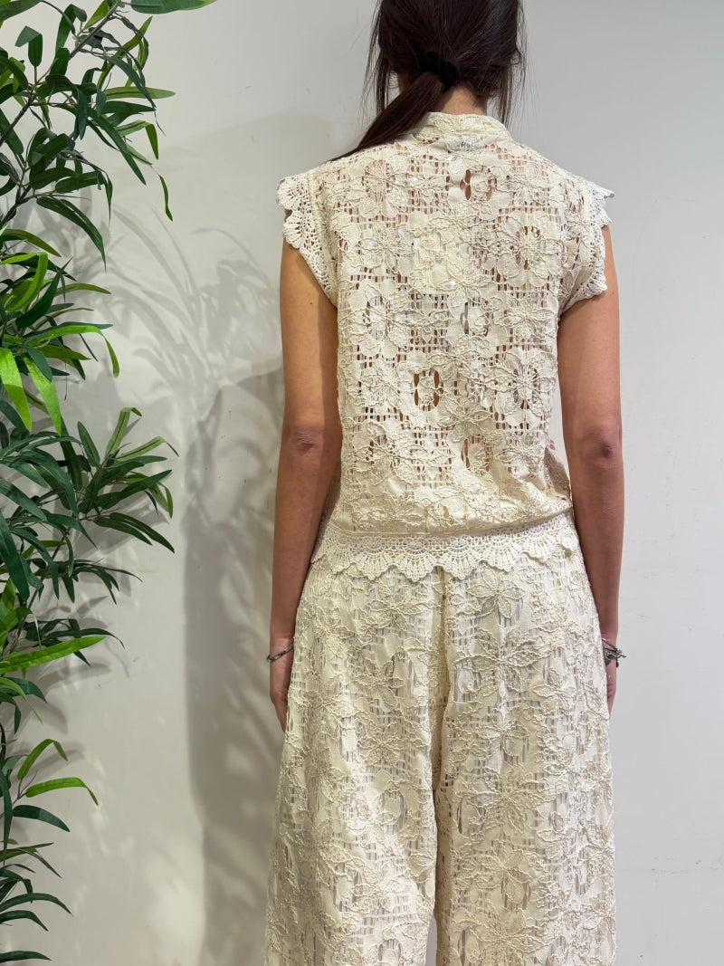 Motel - Camicia gilet mandarin pizzo macramè avorio