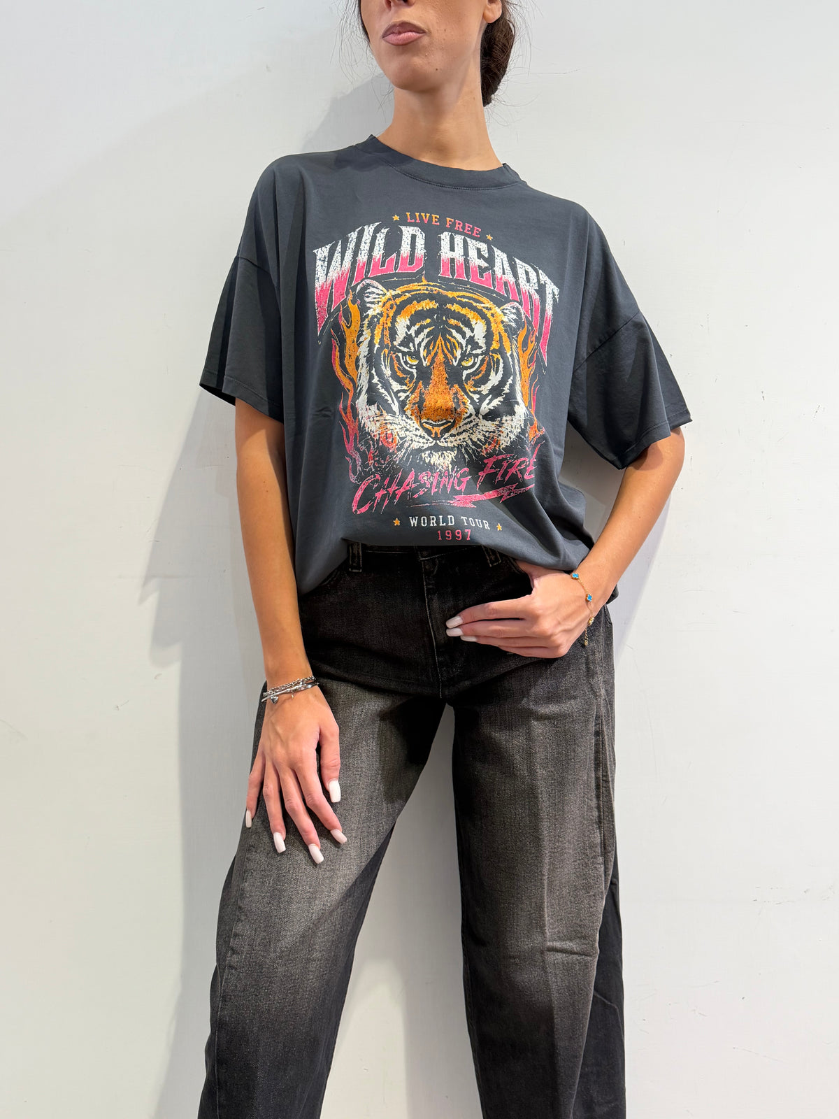 Vicolo - T-Shirt over stampa tigre grigia