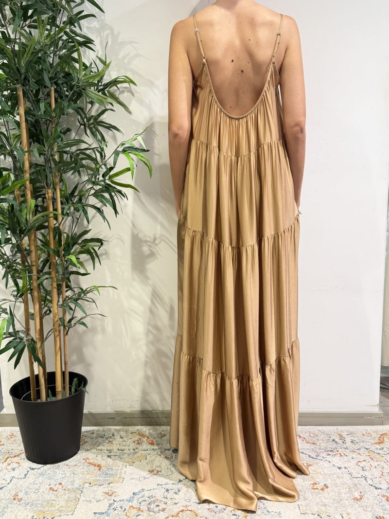 Motel - Vestito in satin con balze cammello