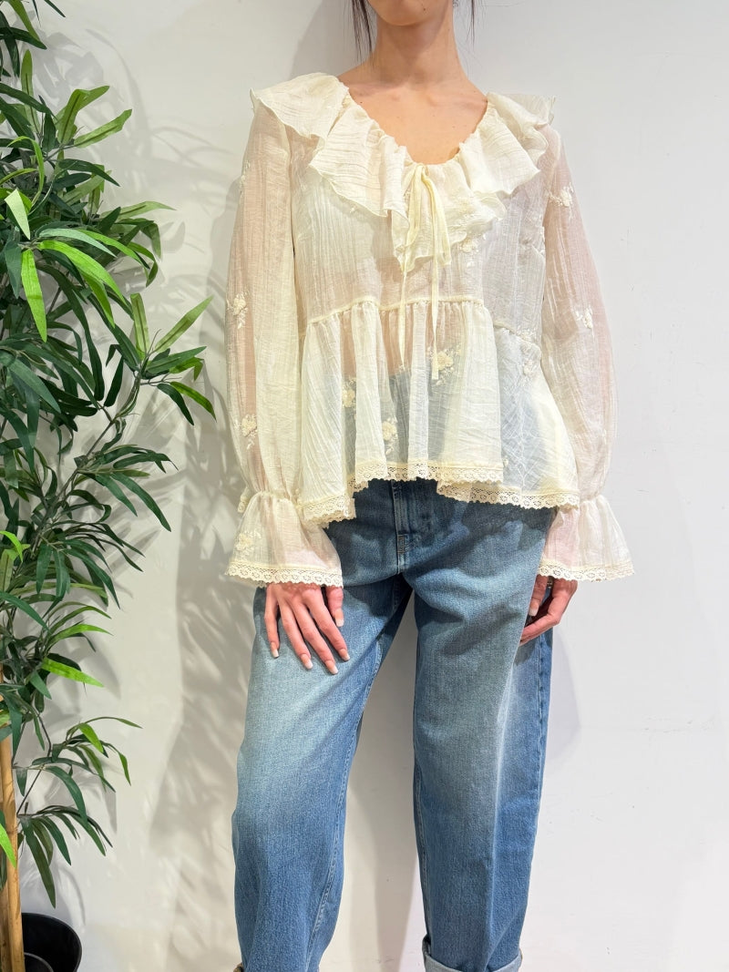 Vicolo - Blusa con ricami e volant panna
