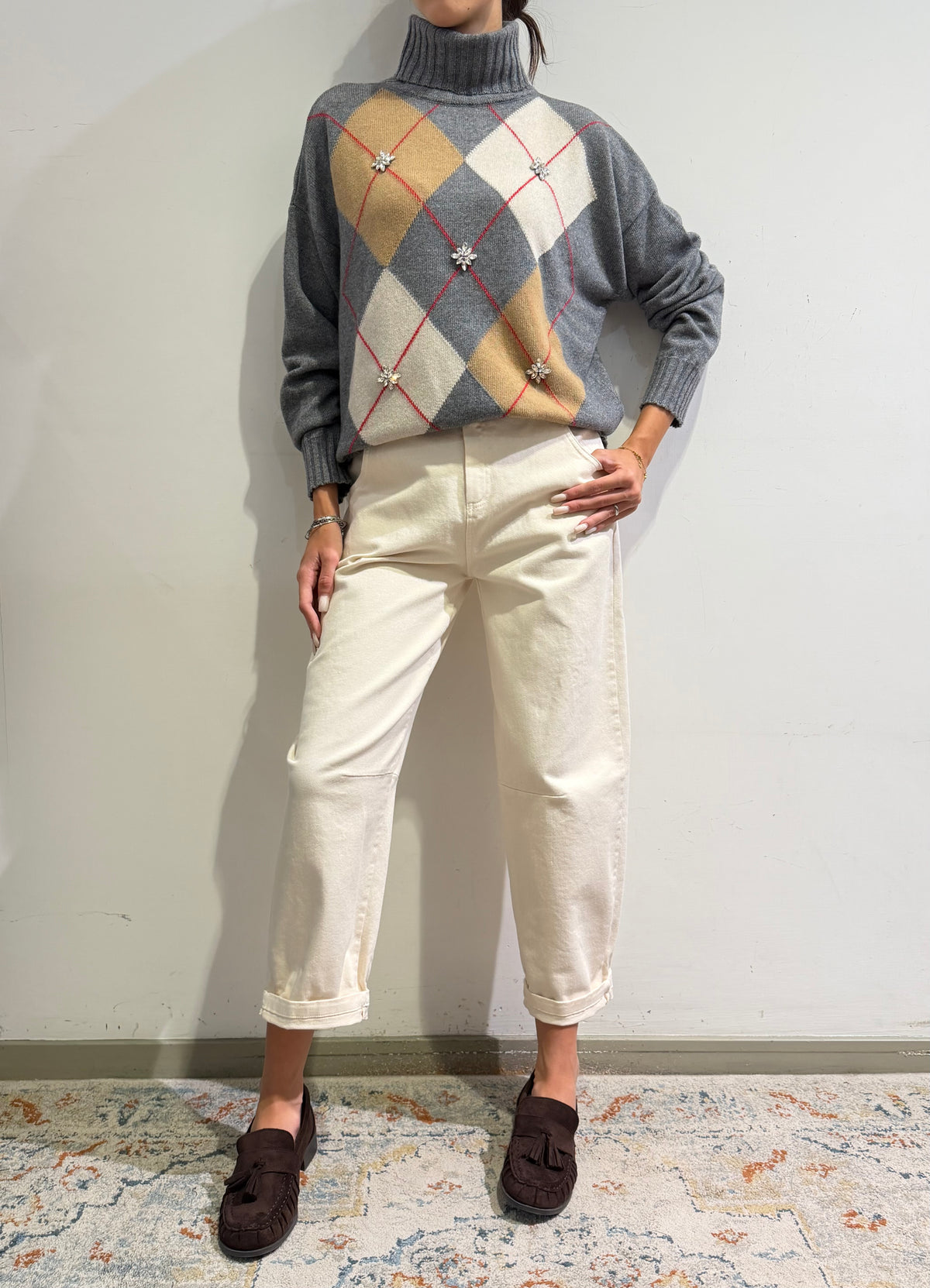 Kontatto - Maglia collo alto rombi con strass grigia