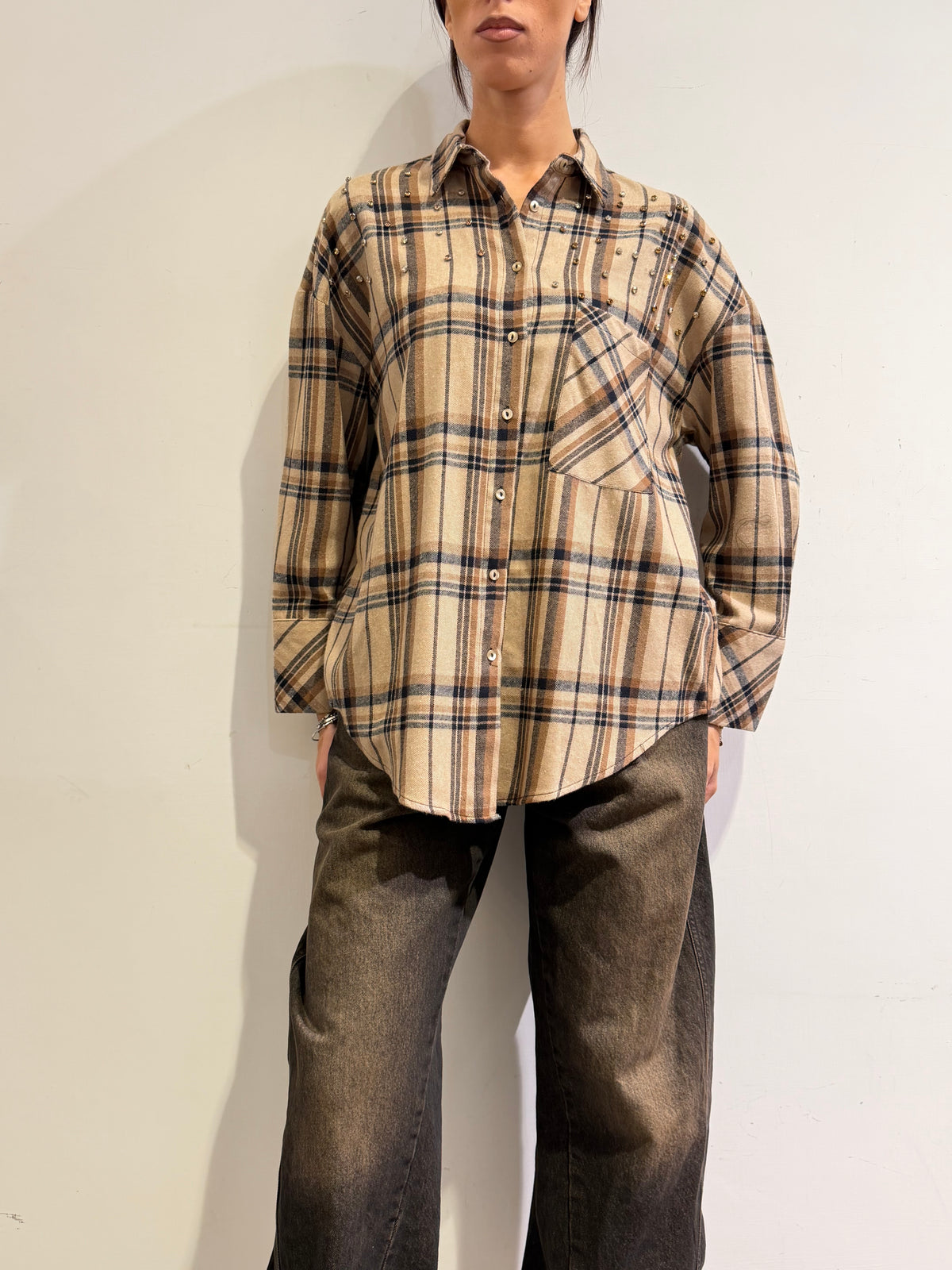 Dixie - Camicia a quadri con borchie cammello