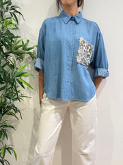 Motel - Camicia con tasca paillettes denim