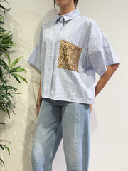 Dixie - Camicia righe con tasca paillettes celeste