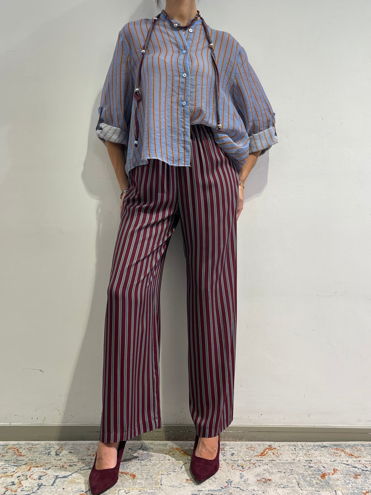 Haveone - Camicia a righe in mussola con collana - celeste