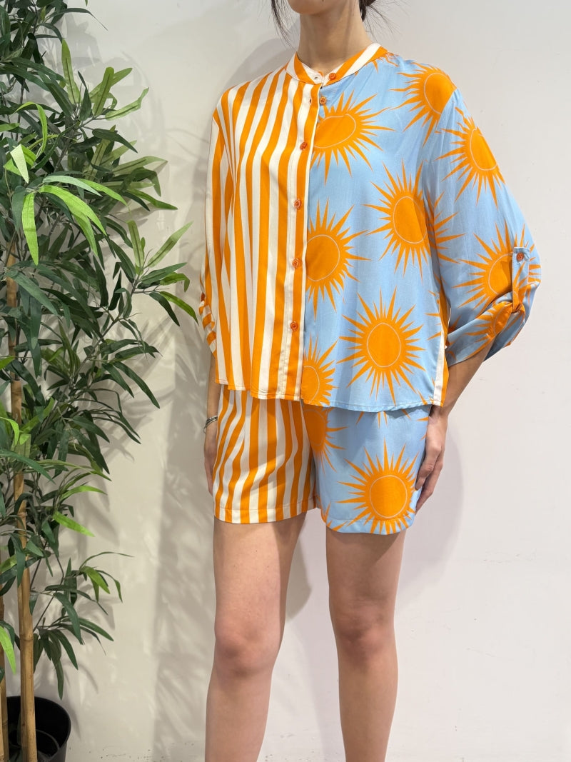 Haveone - Camicia doppia fantasia celeste e arancio