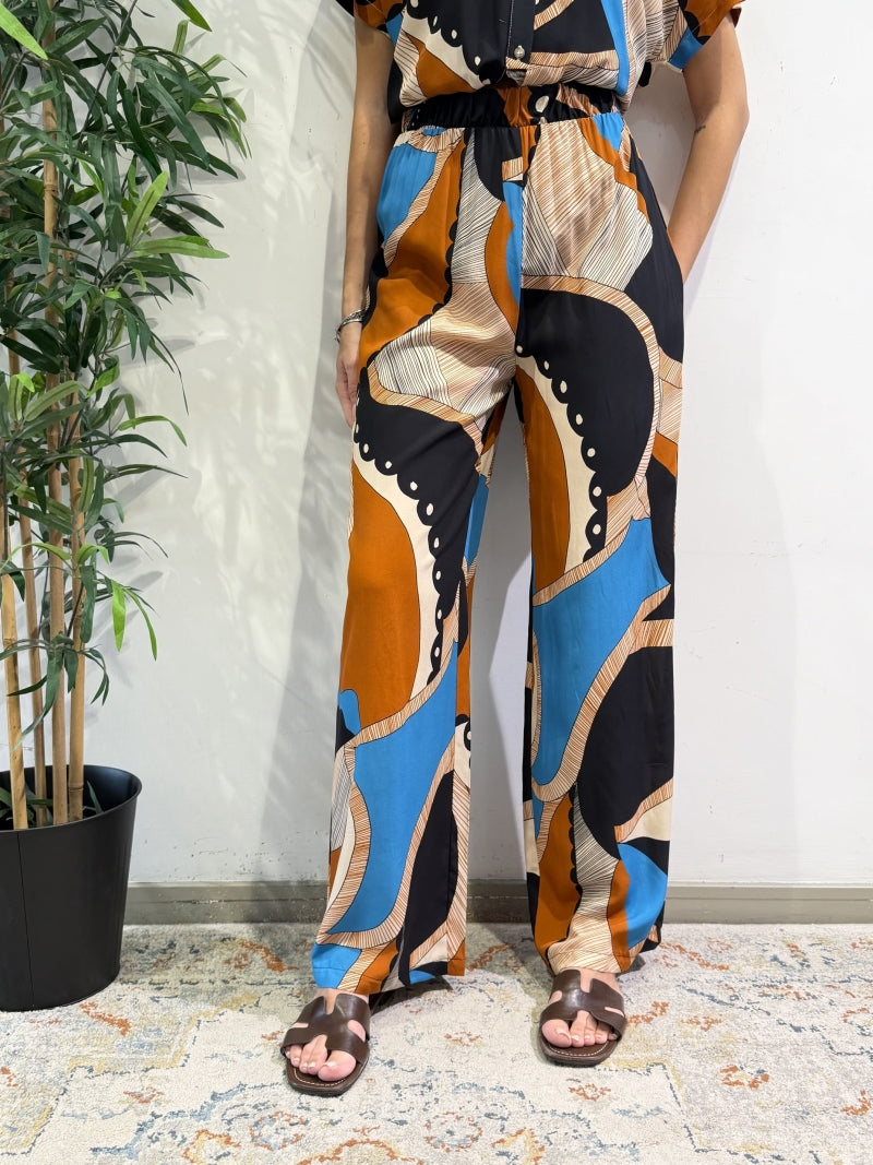 Haveone - Pantalone fantasia turchese nero e arancio