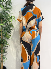 Haveone - Camicia fantasia con fiocco turchese nera e rancio
