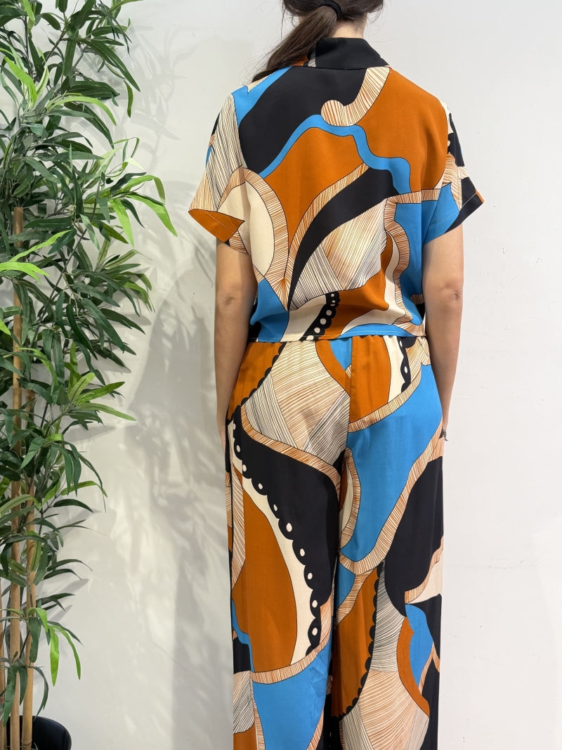 Haveone - Camicia fantasia con fiocco turchese nera e rancio