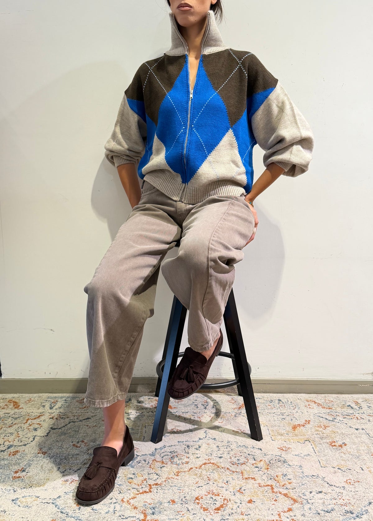 Haveone - Cardigan disegno rombi beige
