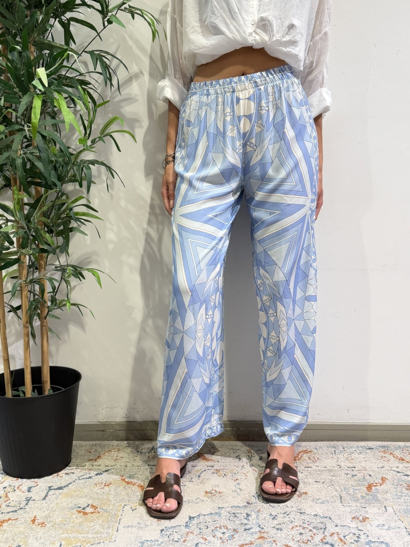 Tensione In - Pantalone fantasia optical bianco e celeste