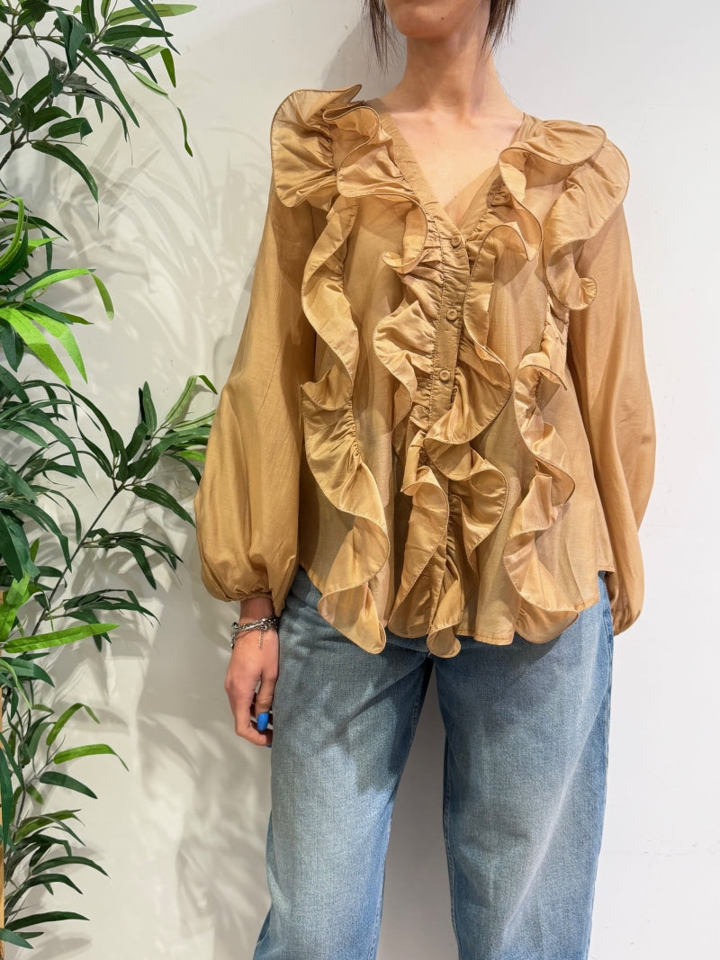 Tensione In - Camicia con rouches cammello