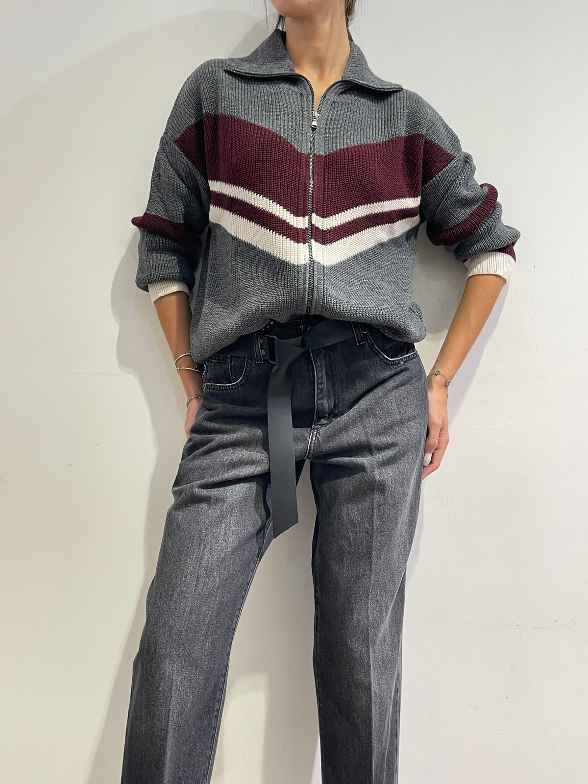 Dixie - Cardigan con cerniera e motivo diagonale panna e bordo