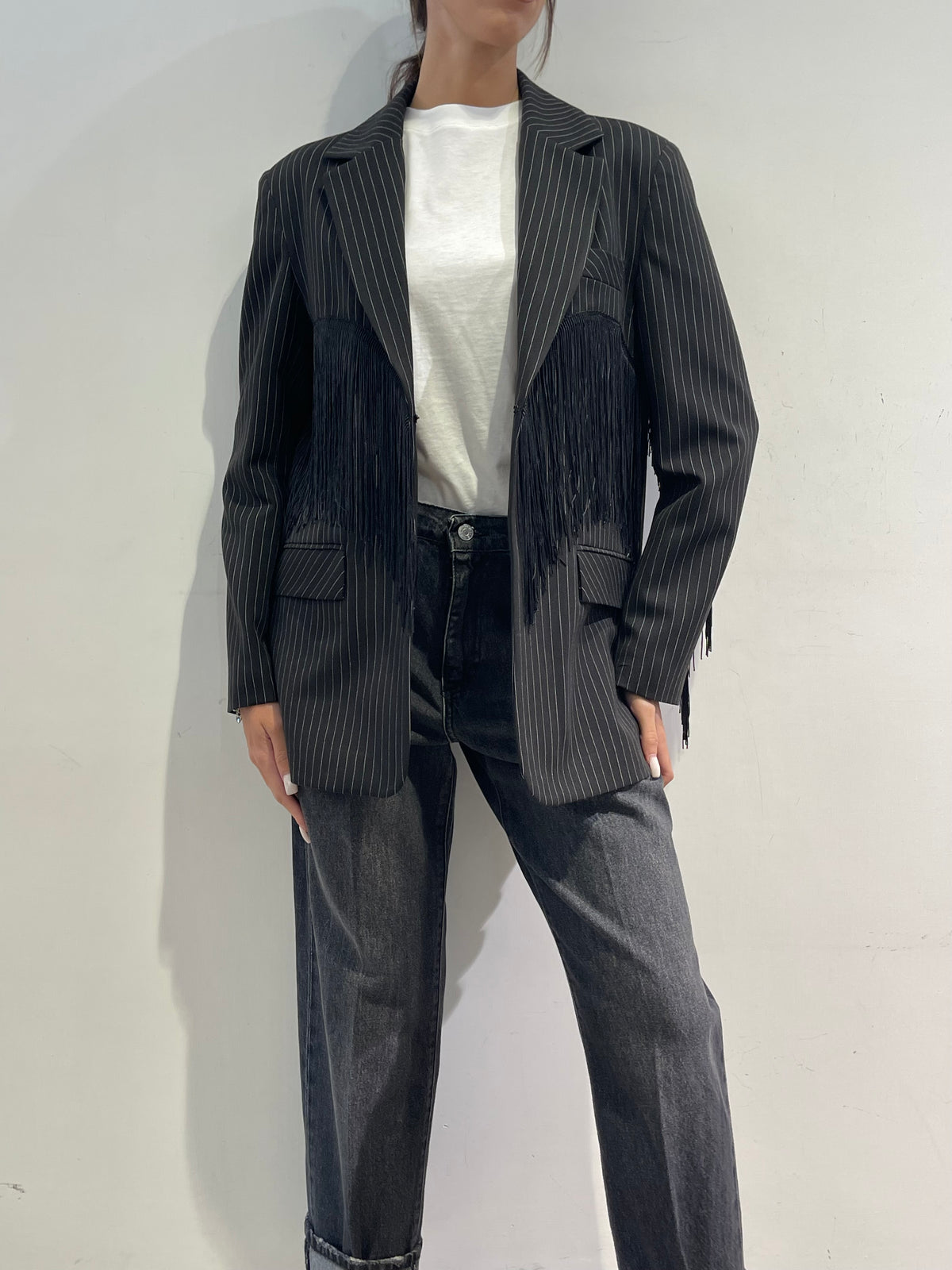 Dixie - Giacca gessata con frange - nero
