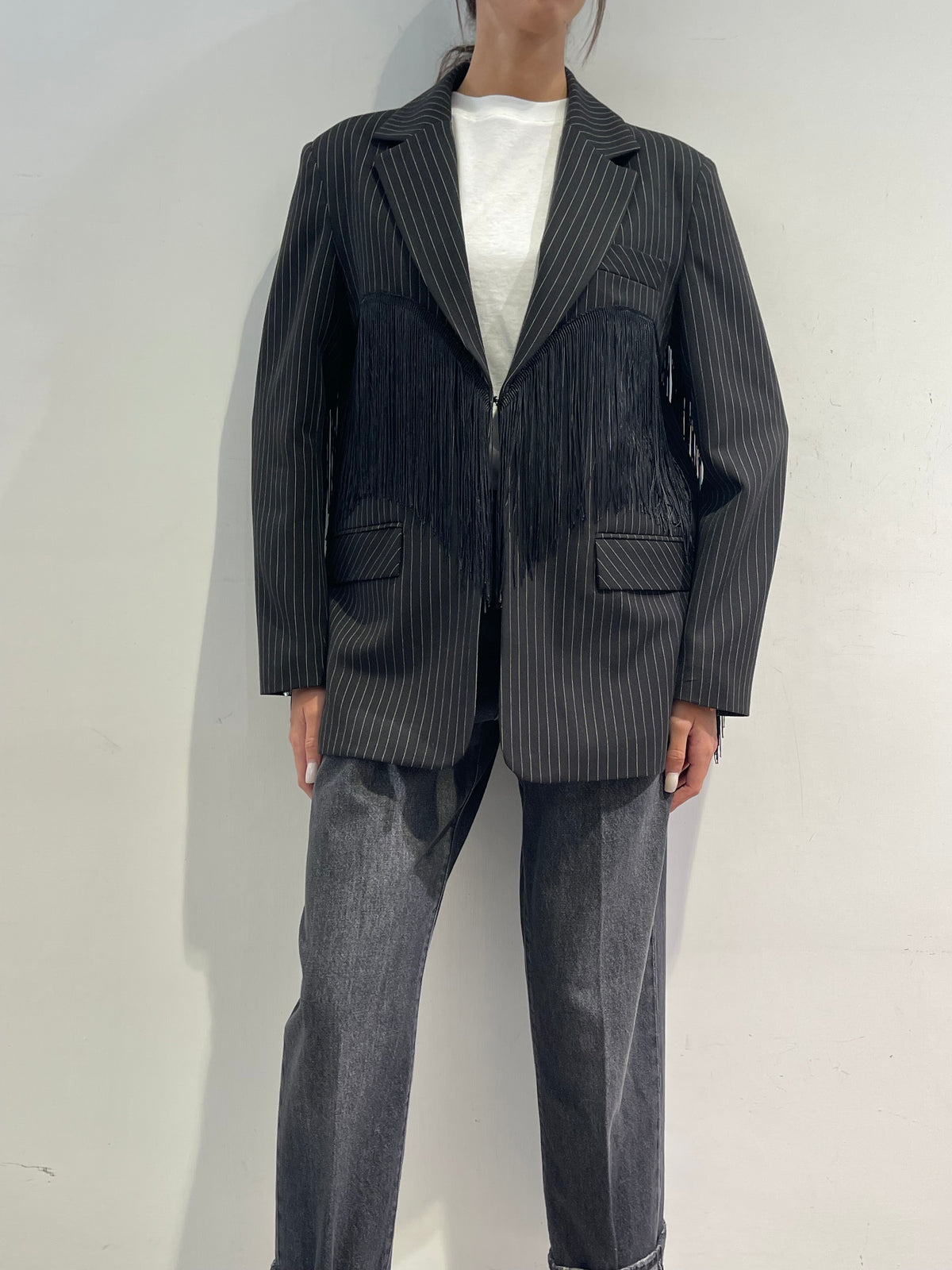 Dixie - Giacca gessata con frange - nero
