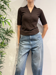 Vicolo - T-Shirt a costine scollo polo moro