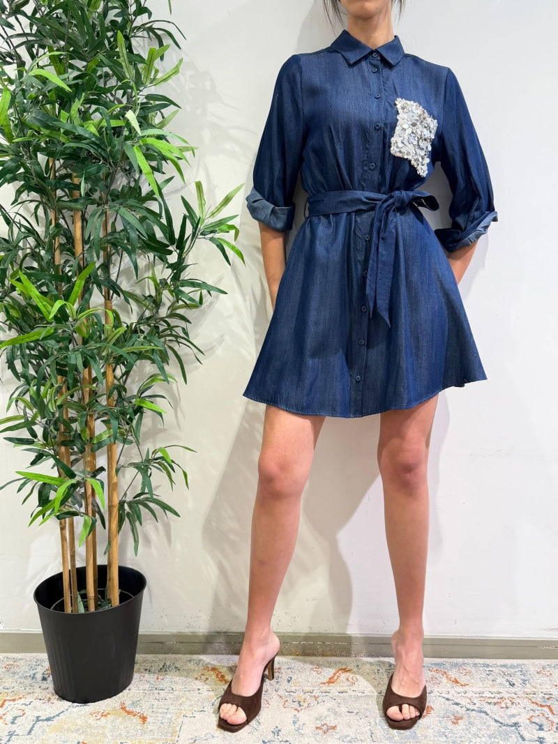 Motel - Vestito corto chemisier tasca paillettes denim