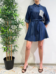 Motel - Vestito corto chemisier tasca paillettes denim