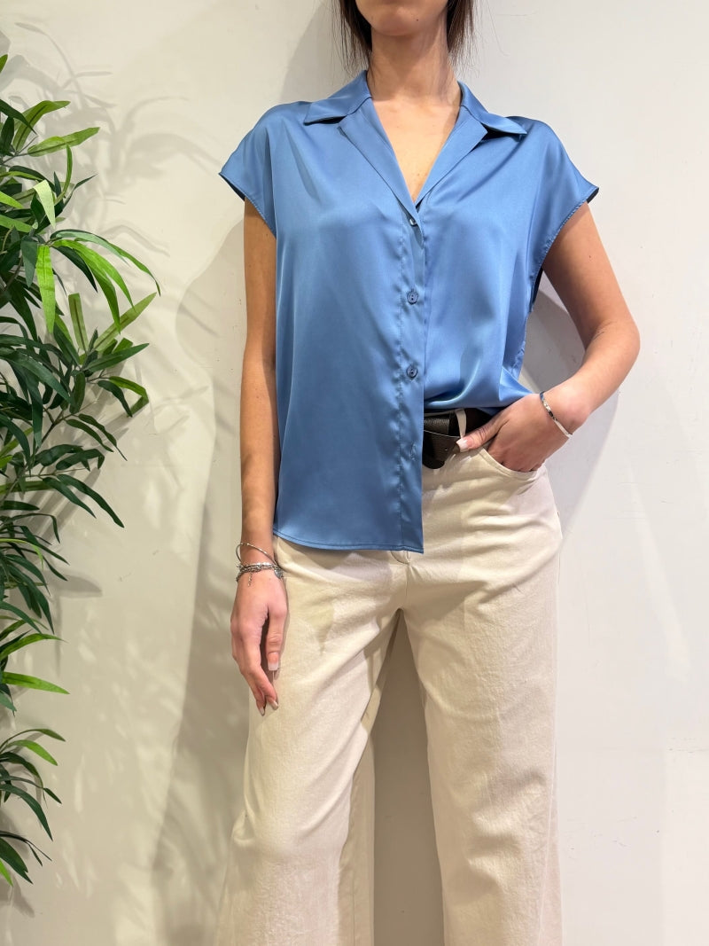 Imperial - Camicia in satin mezza manica azzurra