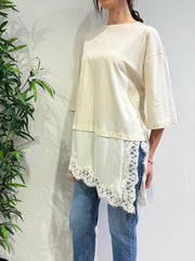 Tensione In - T-Shirt doppio tessuto con pizzo panna