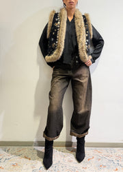 Philia Loft - Gilet con ecopelliccia ricami floreale nero