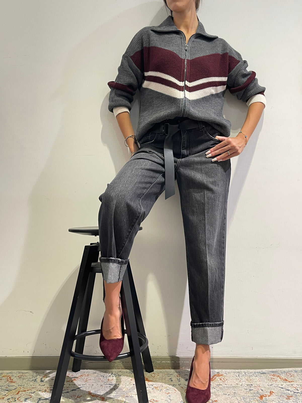 Dixie - Cardigan con cerniera e motivo diagonale panna e bordo