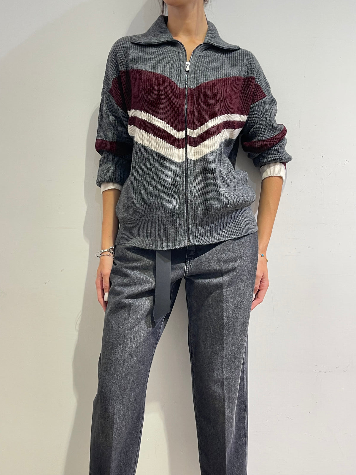 Dixie - Cardigan con cerniera e motivo diagonale panna e bordo
