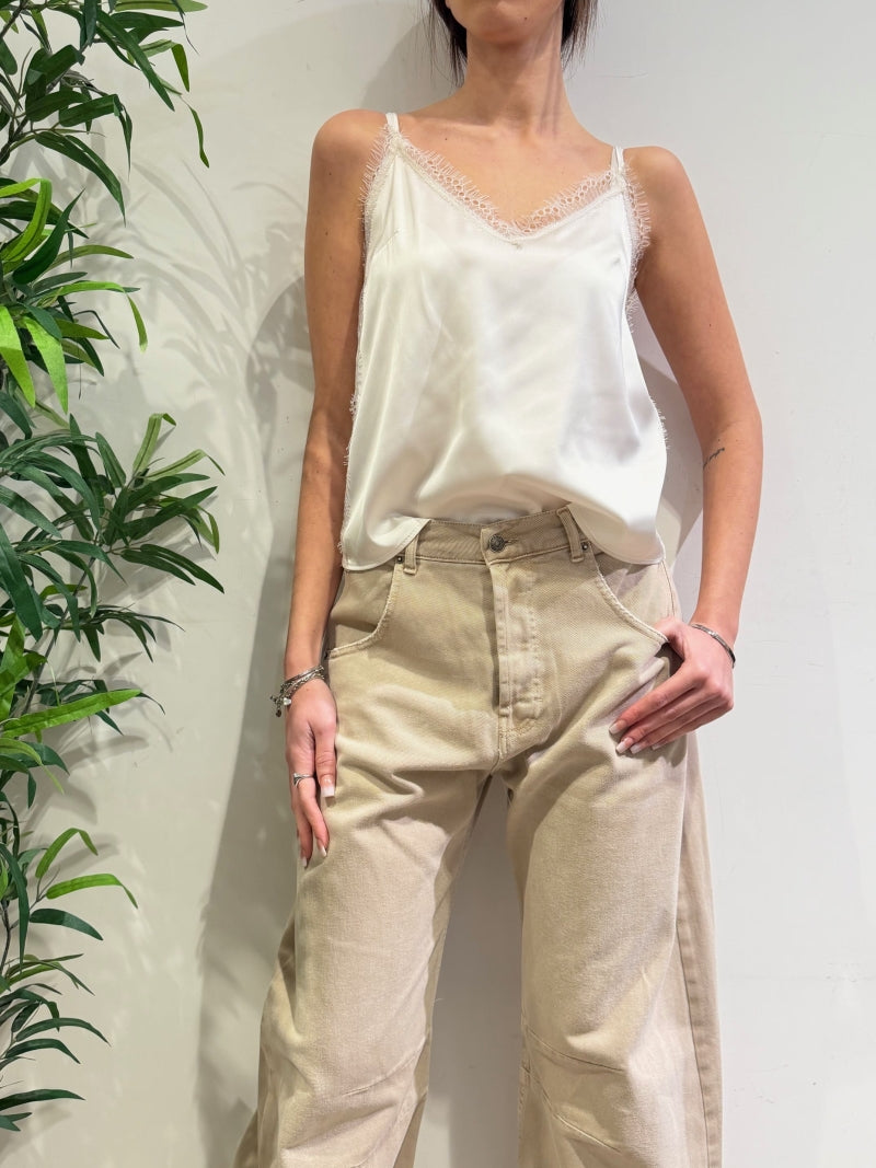 Imperial - Top bretelle con inserti pizzo panna