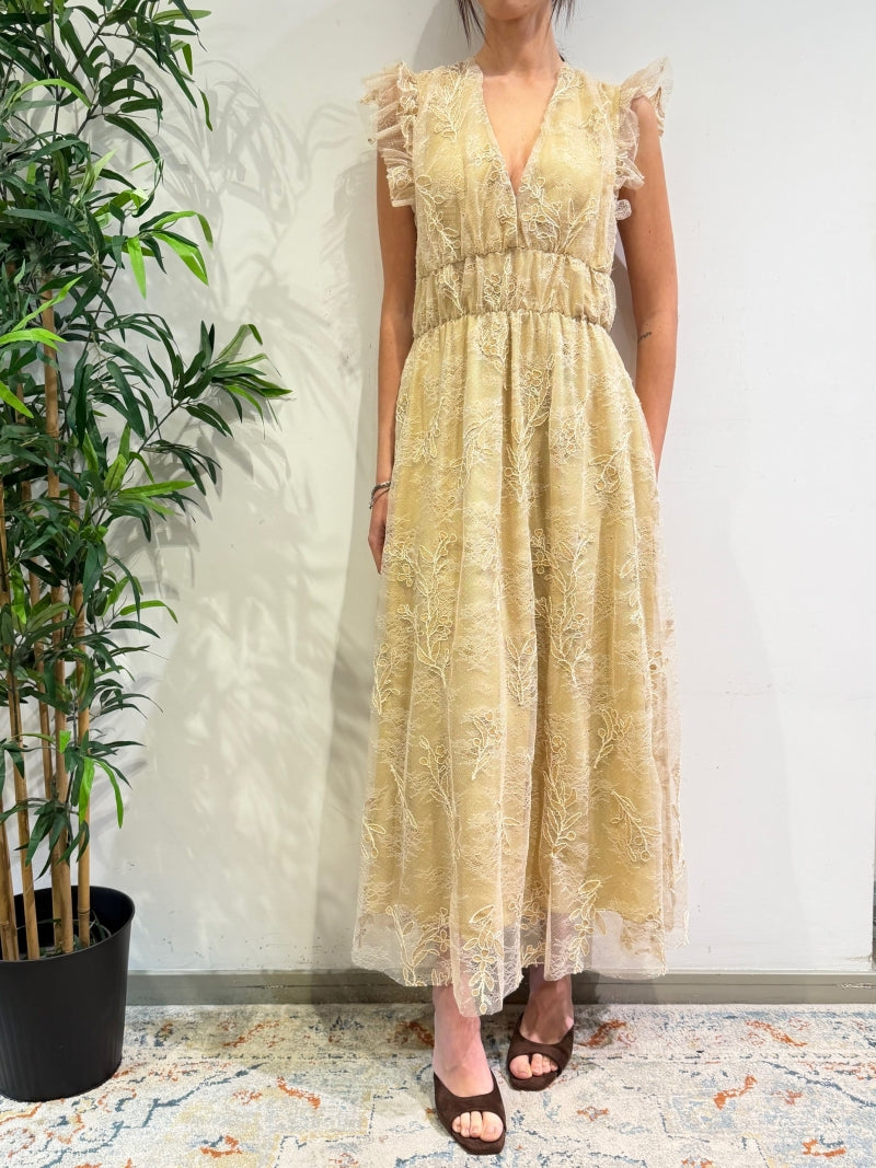 Motel - Vestito lungo con ricamo in pizzo beige
