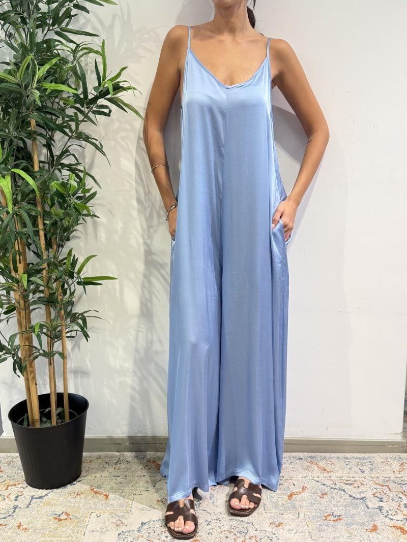 Motel - Tuta satin bretelle celeste