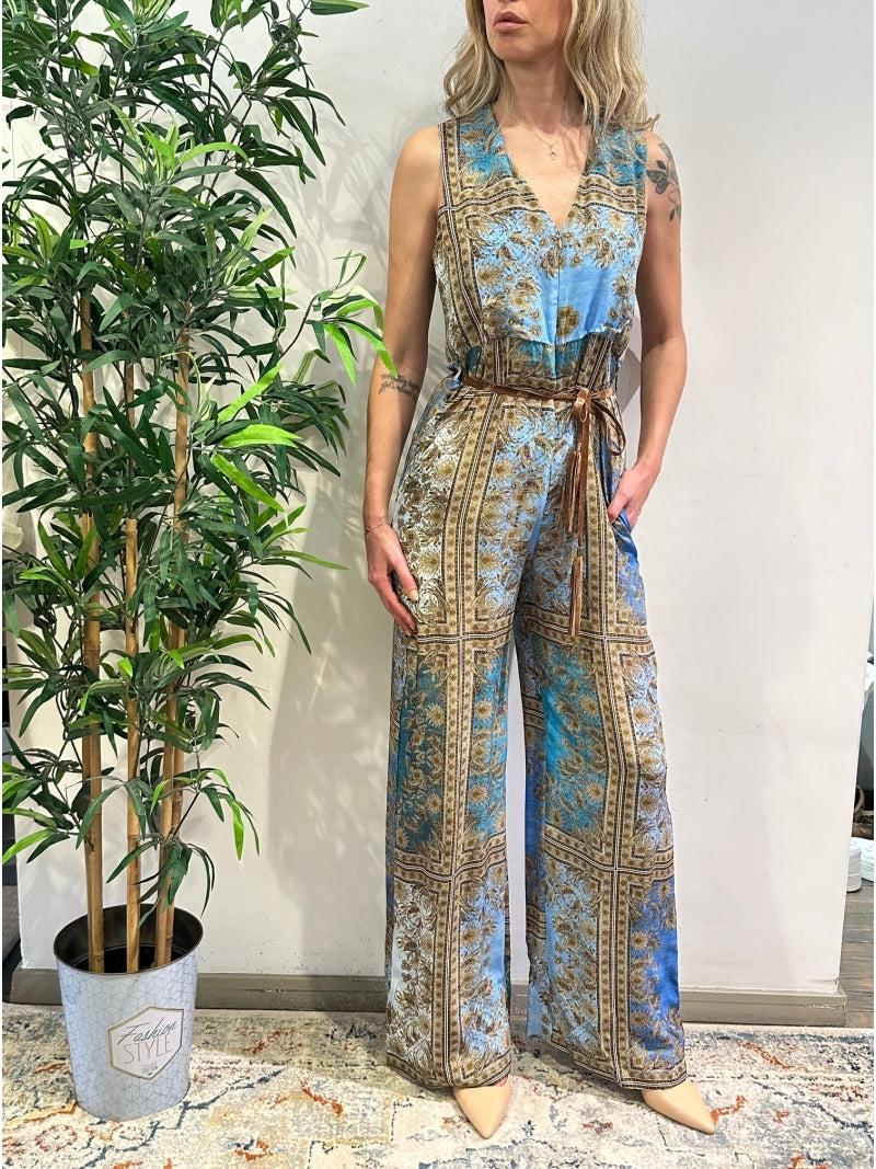 Motel - Tuta con zip frontale fantasia foulard celeste