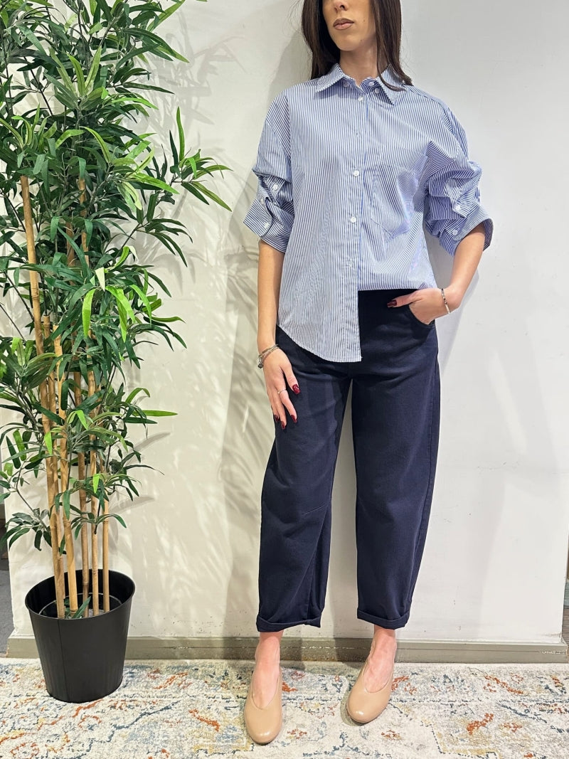 Motel - Camicia righe manica arricciata bianca e blu