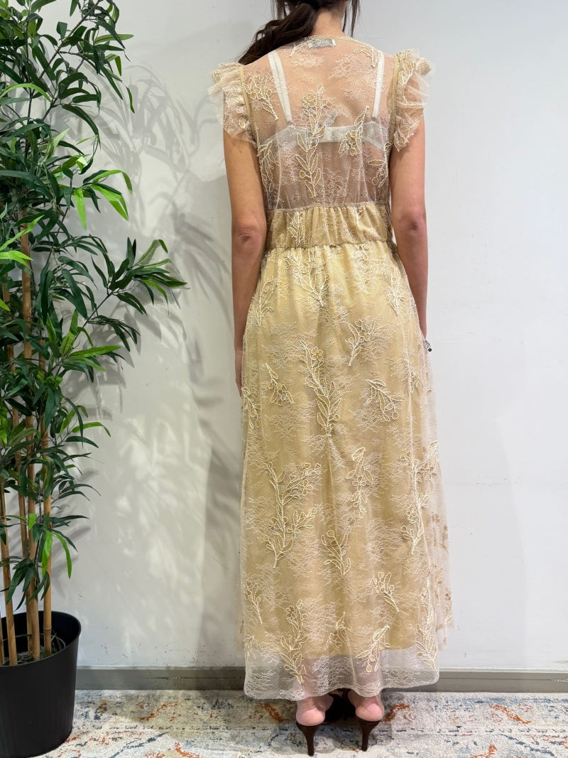 Motel - Vestito lungo con ricamo in pizzo beige