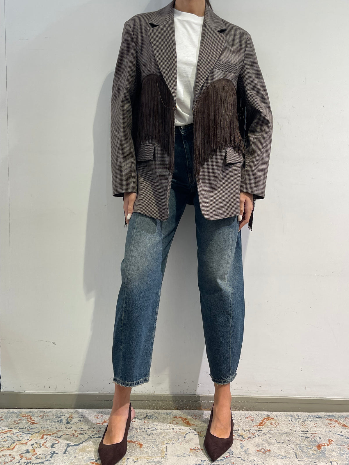Dixie - Giacca quadretto con frange moro