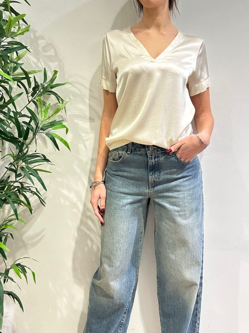 Dixie - Blusa scollo a V in satin panna