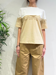 Le Streghe - T-Shirt righe con orlo in pizzo cammello