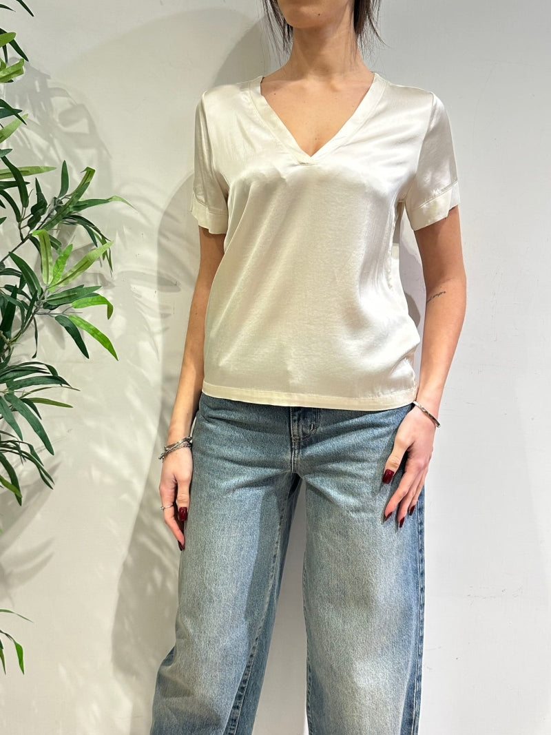 Dixie - Blusa scollo a V in satin panna