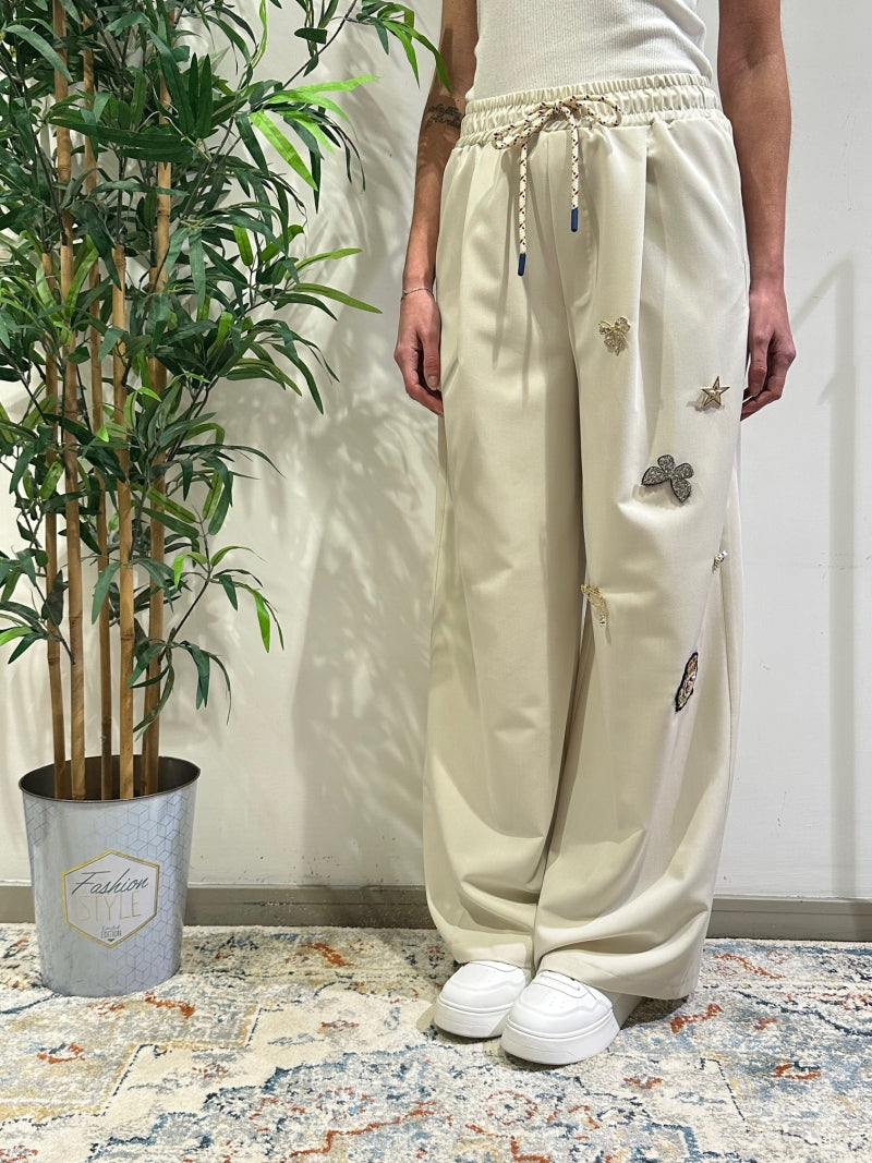Vicolo - Pantalone con coulisse spille e patch panna