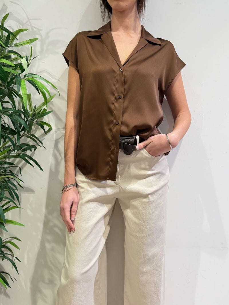 Imperial - Camicia in satin mezza manica marrone