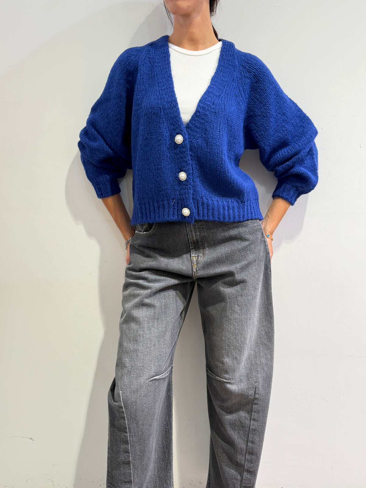 Haveone - Cardigan bottone perla blu royal